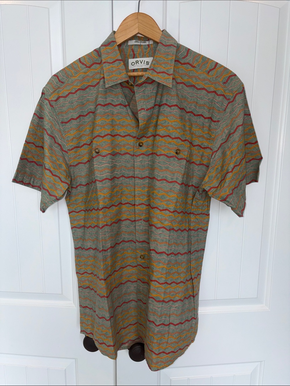 Orvis Olive Short-Sleeve Button-Down with Red and Mustard Wave Stripes